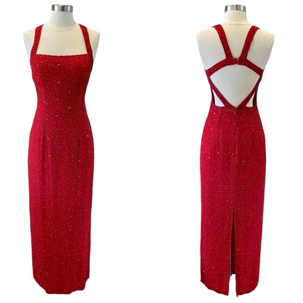 Vintage Sean Collection Red Silk Beaded Gown with Open Back